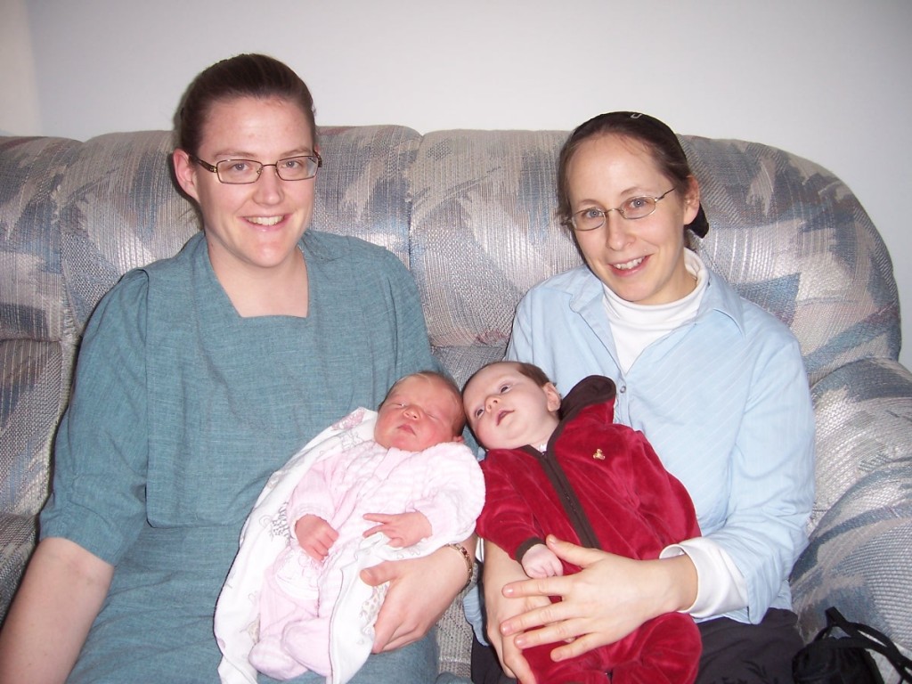 Mothers and babies: Chris with Megan (left) and Zonya with Priya (right).